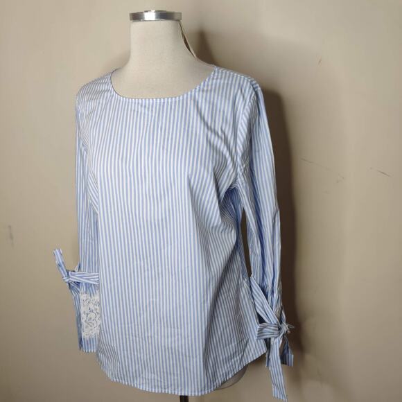 Worthington Blue Striped Top Flared Sleeve Lace Tie Cuff - Picture 4 of 9